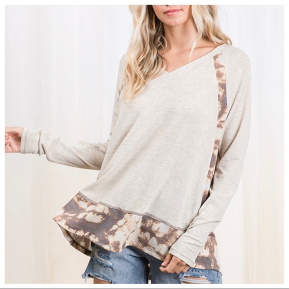 Lindsey Two Tone Fabric and Tie Dye Print Color Block Top - Picture 4 of 5